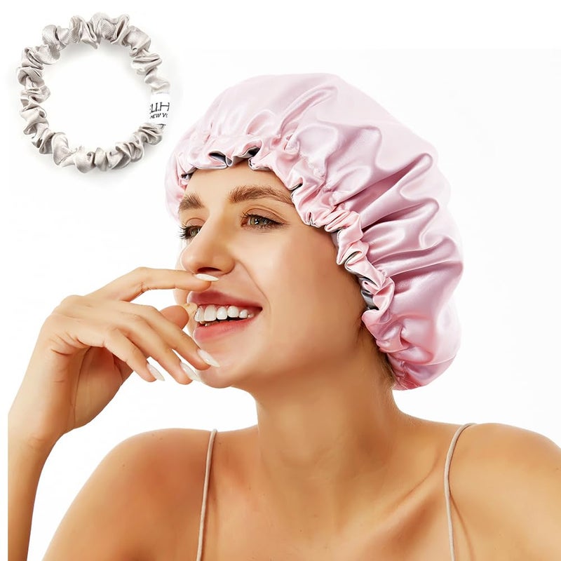 ELIHAIR Night Sleep Satin Cap for Women Girls Natural Hair Extra Large Bonnet Cover Double Side Satin Cap Pink/Silvery Grey - Image 1